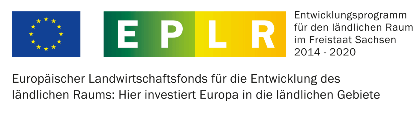 Bild (Europa-Logo und EPLR-Logo) mit Text: zum Entwicklungsprogramm für den ländlichen Raum im Freistaat Sachsen 2014-2020; Europäischer Landwirtschaftsfonds für die Entwicklung des ländlichen Raums: Hier investiert Europa in die ländlichen Gebiete (Klick auf das Bild verlinkt  zur zugehörigen Seite)